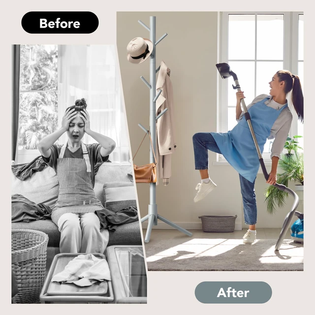Alt view image 7 of 7 - Wooden Tree Coat Rack Stand,Sturdy Freestanding Coat Rack with 8 Hooks,3 Adjustable Height for Child Adult,Wood Coat Stand Tree Fits Entryway Bedroom Office for Bags,Hats