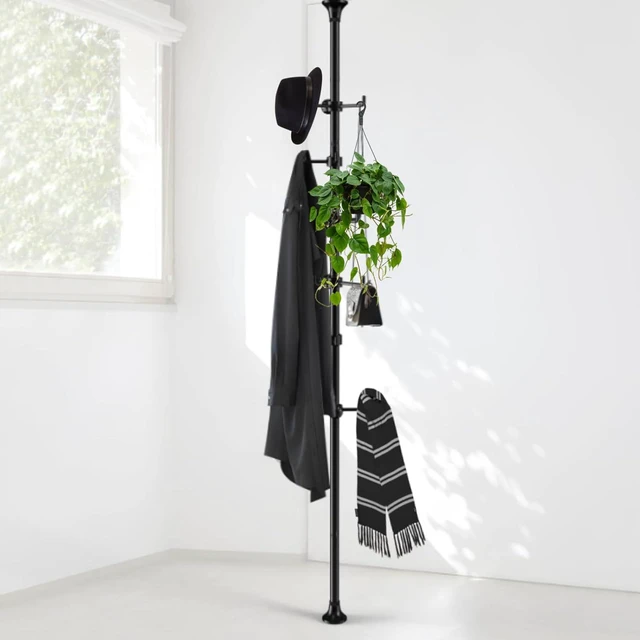 Main image of Coat Rack Freestanding, 56 to 125 inch Adjustable Tension Rod Hanger with 12 Hooks for Hanging Coat, Plant,Jacket, Hat, Scarf, Suitable for Living Room, Balcony, Kitchen Black