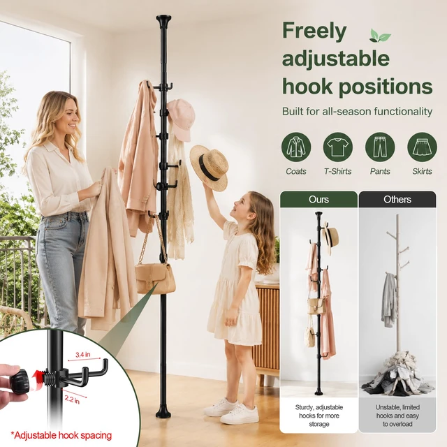 Alt view image 2 of 7 - Coat Rack Freestanding, 56 to 125 inch Adjustable Tension Rod Hanger with 12 Hooks for Hanging Coat, Plant,Jacket, Hat, Scarf, Suitable for Living Room, Balcony, Kitchen Black