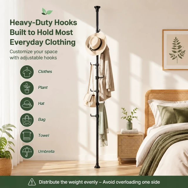 Alt view image 3 of 7 - Coat Rack Freestanding, 56 to 125 inch Adjustable Tension Rod Hanger with 12 Hooks for Hanging Coat, Plant,Jacket, Hat, Scarf, Suitable for Living Room, Balcony, Kitchen Black