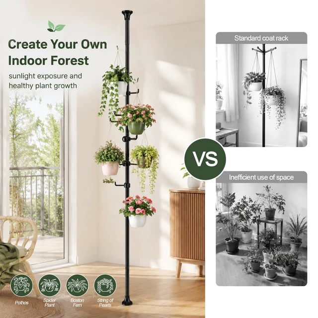 Alt view image 4 of 7 - Coat Rack Freestanding, 56 to 125 inch Adjustable Tension Rod Hanger with 12 Hooks for Hanging Coat, Plant,Jacket, Hat, Scarf, Suitable for Living Room, Balcony, Kitchen Black