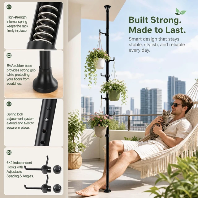 Alt view image 7 of 7 - Coat Rack Freestanding, 56 to 125 inch Adjustable Tension Rod Hanger with 12 Hooks for Hanging Coat, Plant,Jacket, Hat, Scarf, Suitable for Living Room, Balcony, Kitchen Black