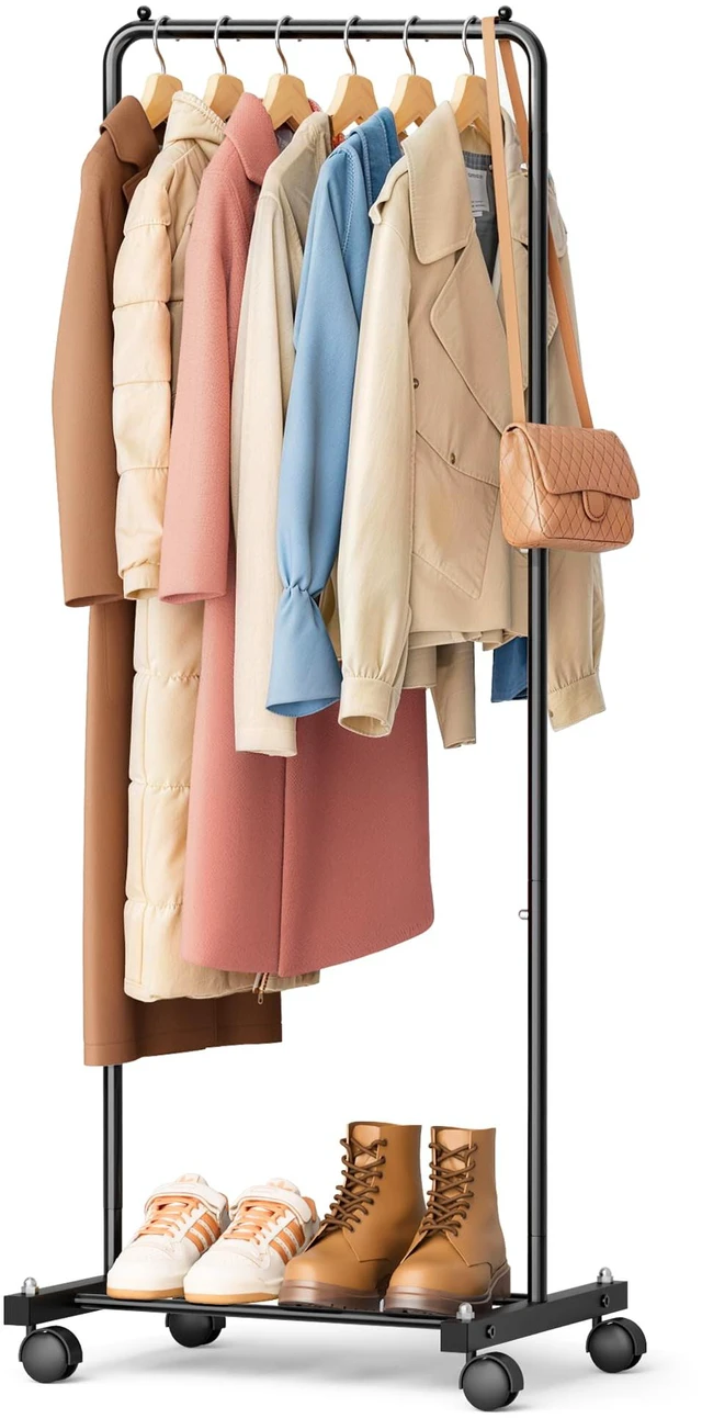 Main image of Small Clothing Rack with Wheels, Portable Clothes Racks for Hanging Clothes, 56" Metal Rolling Garment Rack for Coats, Jackets, and Shirts, Black