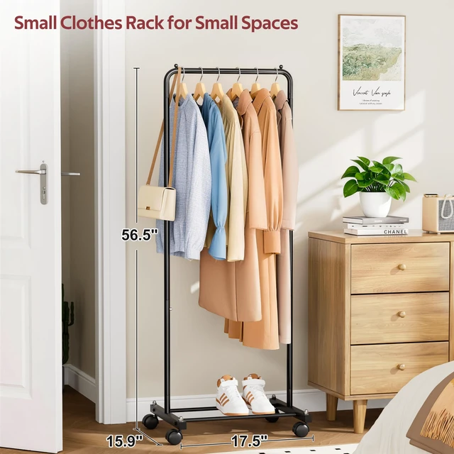 Alt view image 2 of 7 - Small Clothing Rack with Wheels, Portable Clothes Racks for Hanging Clothes, 56" Metal Rolling Garment Rack for Coats, Jackets, and Shirts, Black
