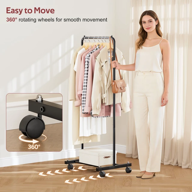 Alt view image 3 of 7 - Small Clothing Rack with Wheels, Portable Clothes Racks for Hanging Clothes, 56" Metal Rolling Garment Rack for Coats, Jackets, and Shirts, Black