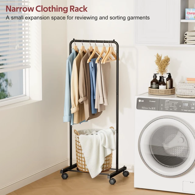 Alt view image 4 of 7 - Small Clothing Rack with Wheels, Portable Clothes Racks for Hanging Clothes, 56" Metal Rolling Garment Rack for Coats, Jackets, and Shirts, Black