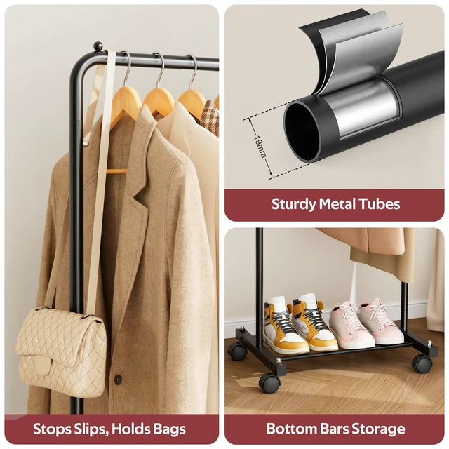 Alt view image 5 of 7 - Small Clothing Rack with Wheels, Portable Clothes Racks for Hanging Clothes, 56" Metal Rolling Garment Rack for Coats, Jackets, and Shirts, Black