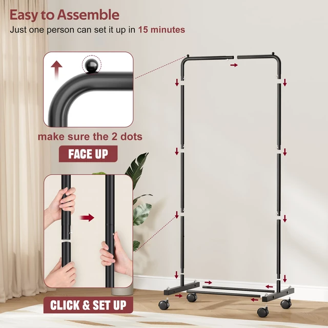 Alt view image 6 of 7 - Small Clothing Rack with Wheels, Portable Clothes Racks for Hanging Clothes, 56" Metal Rolling Garment Rack for Coats, Jackets, and Shirts, Black