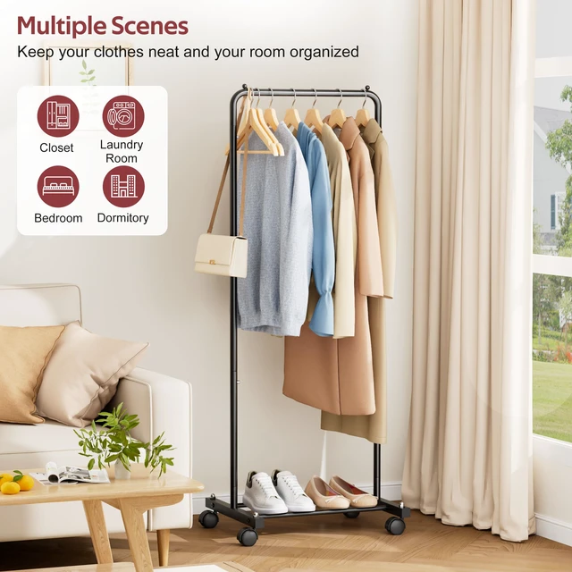 Alt view image 7 of 7 - Small Clothing Rack with Wheels, Portable Clothes Racks for Hanging Clothes, 56" Metal Rolling Garment Rack for Coats, Jackets, and Shirts, Black