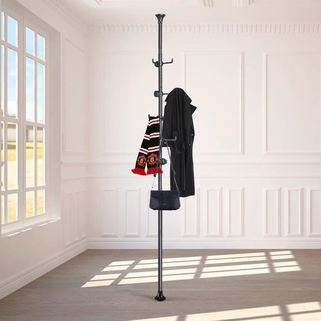 Main image of Coat Rack Freestanding,Adjustable 56-125 inch Tension Rod Coat Tree 12 Hooks Hanger Stand for Coat Hat Bedroom Livingroom Kitchen Bathroom Apartment Entryway Hall Office Black