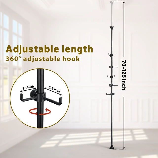 Alt view image 4 of 6 - Coat Rack Freestanding,Adjustable 56-125 inch Tension Rod Coat Tree 12 Hooks Hanger Stand for Coat Hat Bedroom Livingroom Kitchen Bathroom Apartment Entryway Hall Office Black