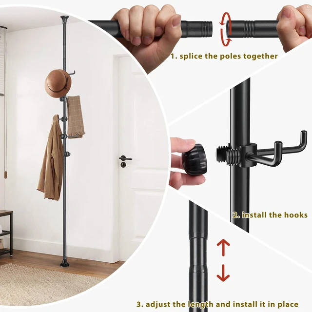 Alt view image 5 of 6 - Coat Rack Freestanding,Adjustable 56-125 inch Tension Rod Coat Tree 12 Hooks Hanger Stand for Coat Hat Bedroom Livingroom Kitchen Bathroom Apartment Entryway Hall Office Black