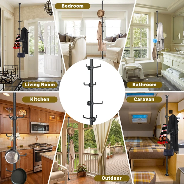 Alt view image 6 of 6 - Coat Rack Freestanding,Adjustable 56-125 inch Tension Rod Coat Tree 12 Hooks Hanger Stand for Coat Hat Bedroom Livingroom Kitchen Bathroom Apartment Entryway Hall Office Black