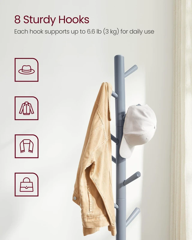 Alt view image 3 of 6 - Solid Wood Coat Rack, Free Standing, Tree-Shaped, with 8 Hooks | Coat Tree3 Height Options, for Clothes, Hats, Bags, for Living Room, Bedroom, Dove Gray, ANDI Collection URCR04GY