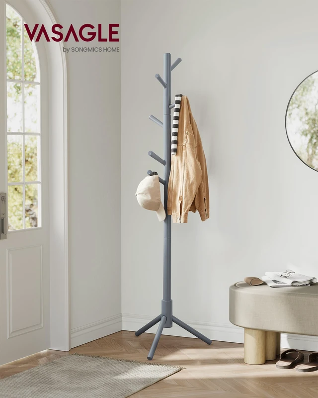 Alt view image 2 of 6 - Solid Wood Coat Rack, Free Standing, Tree-Shaped, with 8 Hooks | Coat Tree3 Height Options, for Clothes, Hats, Bags, for Living Room, Bedroom, Dove Gray, ANDI Collection URCR04GY