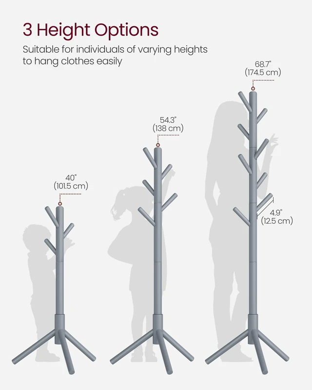 Alt view image 5 of 6 - Solid Wood Coat Rack, Free Standing, Tree-Shaped, with 8 Hooks | Coat Tree3 Height Options, for Clothes, Hats, Bags, for Living Room, Bedroom, Dove Gray, ANDI Collection URCR04GY