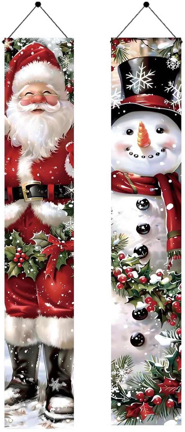 Main image of 2PCS Christmas Porch Banner Decorations 71 x 12 Inch Santa and Snowman Hanging Sign Outdoor Vertical Front Door Holiday Banner for Winter Yard Party Home Wall Entryway Decor