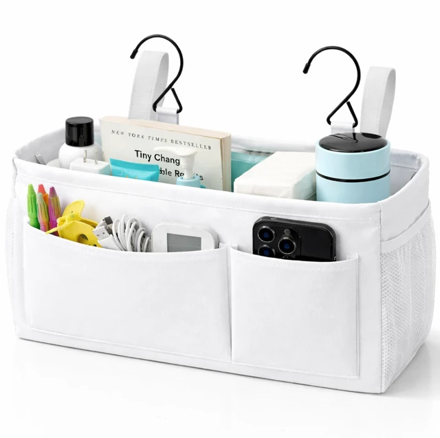 Main image of Bedside Caddy Storage Organizer, Hanging Storage Bag for Bunk Bed | Bed Caddy with Fixed Straps, Book Remotes Holder for Home, College, Dorm, Bunk, Hospital, Crib Bed Rails, White