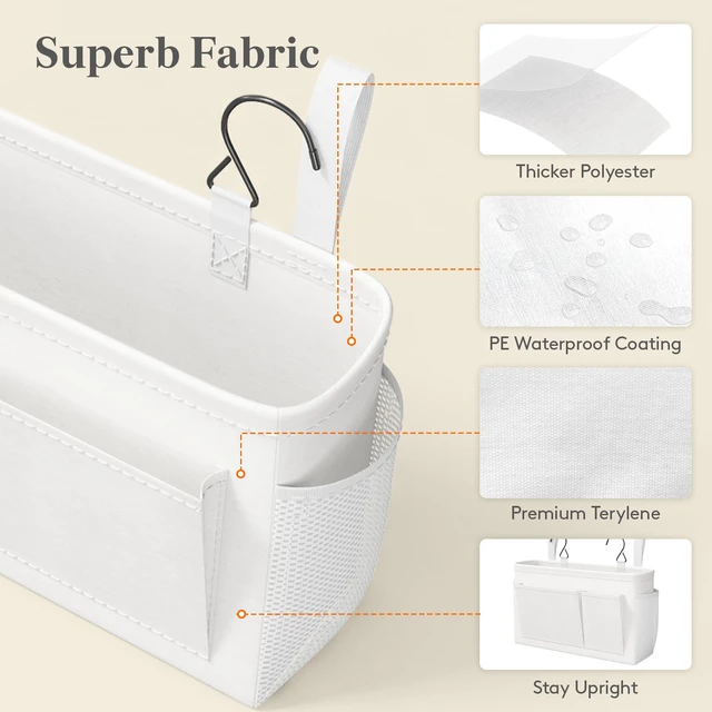Alt view image 2 of 7 - Bedside Caddy Storage Organizer, Hanging Storage Bag for Bunk Bed | Bed Caddy with Fixed Straps, Book Remotes Holder for Home, College, Dorm, Bunk, Hospital, Crib Bed Rails, White