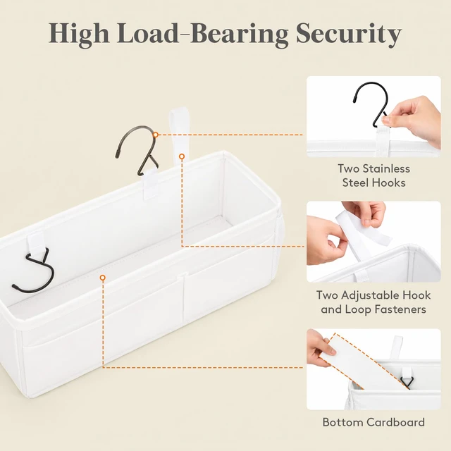 Alt view image 3 of 7 - Bedside Caddy Storage Organizer, Hanging Storage Bag for Bunk Bed | Bed Caddy with Fixed Straps, Book Remotes Holder for Home, College, Dorm, Bunk, Hospital, Crib Bed Rails, White