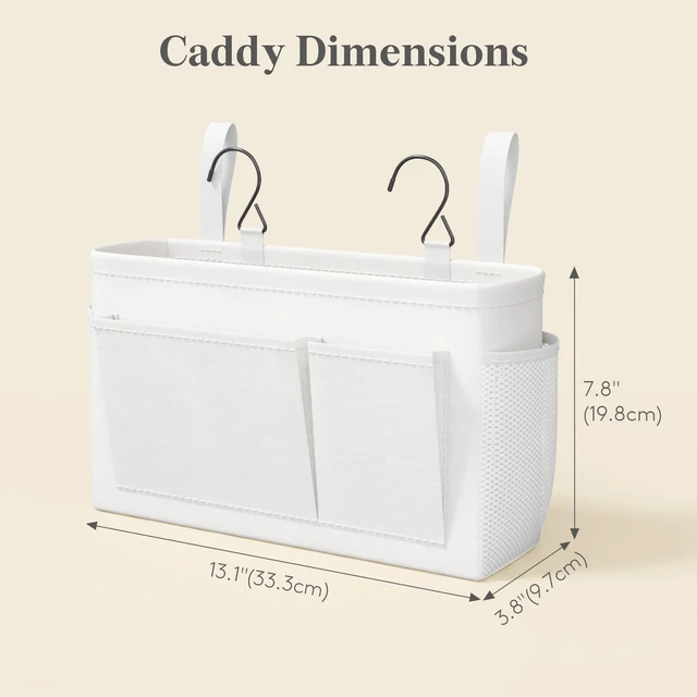 Alt view image 6 of 7 - Bedside Caddy Storage Organizer, Hanging Storage Bag for Bunk Bed | Bed Caddy with Fixed Straps, Book Remotes Holder for Home, College, Dorm, Bunk, Hospital, Crib Bed Rails, White