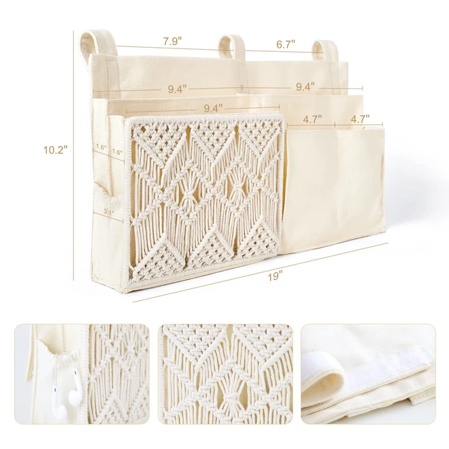 Alt view image 5 of 7 - Bedside Caddy, Macrame Bunk Bed Hanging Organizer, 7 Pockets Ivory | Dorm Room Essentials, Boho Storage Bag, Remote Books Magazines Phone Snacks Drinks Holder, Bedroom Nursery Loft Baby Bed Rail