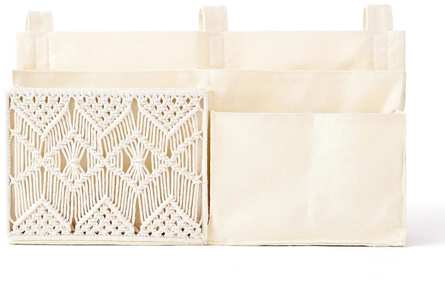 Main image of Bedside Caddy, Macrame Bunk Bed Hanging Organizer, 7 Pockets Ivory | Dorm Room Essentials, Boho Storage Bag, Remote Books Magazines Phone Snacks Drinks Holder, Bedroom Nursery Loft Baby Bed Rail