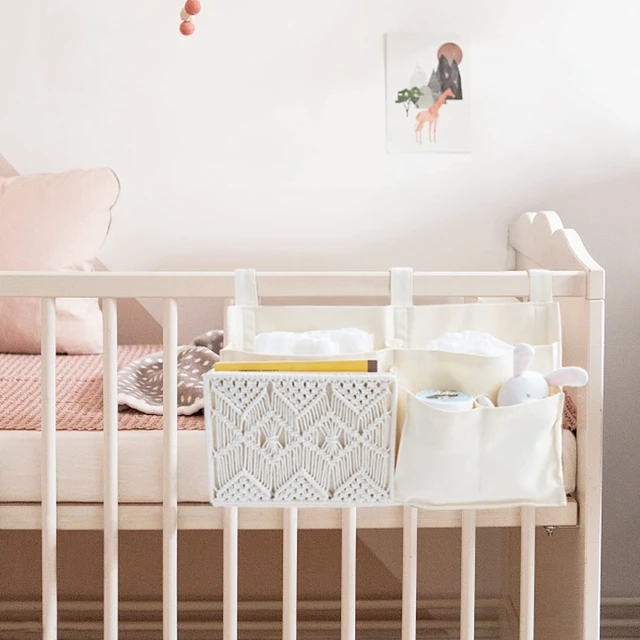 Alt view image 3 of 7 - Bedside Caddy, Macrame Bunk Bed Hanging Organizer, 7 Pockets Ivory | Dorm Room Essentials, Boho Storage Bag, Remote Books Magazines Phone Snacks Drinks Holder, Bedroom Nursery Loft Baby Bed Rail