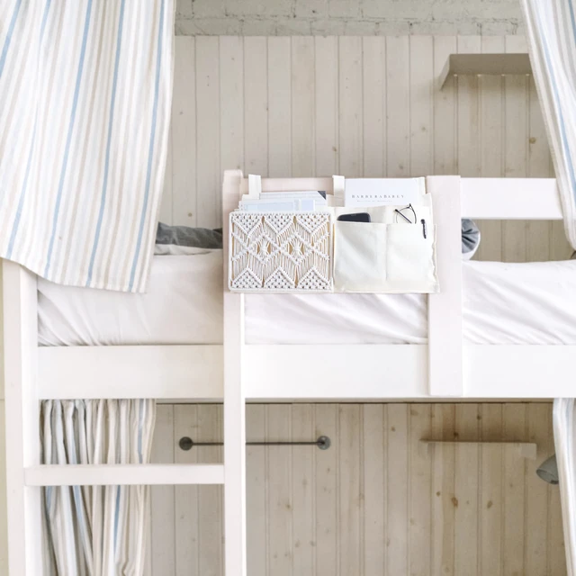 Alt view image 2 of 7 - Bedside Caddy, Macrame Bunk Bed Hanging Organizer, 7 Pockets Ivory | Dorm Room Essentials, Boho Storage Bag, Remote Books Magazines Phone Snacks Drinks Holder, Bedroom Nursery Loft Baby Bed Rail