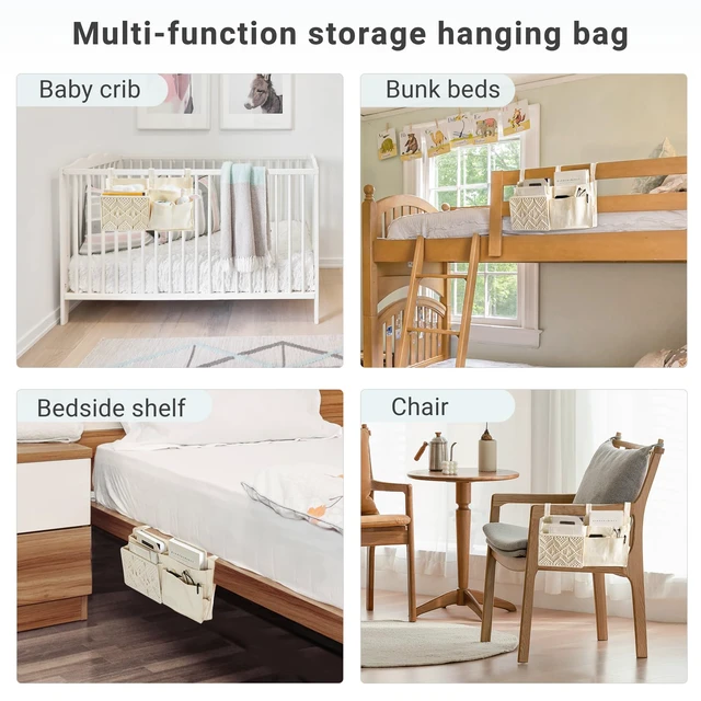 Alt view image 4 of 7 - Bedside Caddy, Macrame Bunk Bed Hanging Organizer, 7 Pockets Ivory | Dorm Room Essentials, Boho Storage Bag, Remote Books Magazines Phone Snacks Drinks Holder, Bedroom Nursery Loft Baby Bed Rail