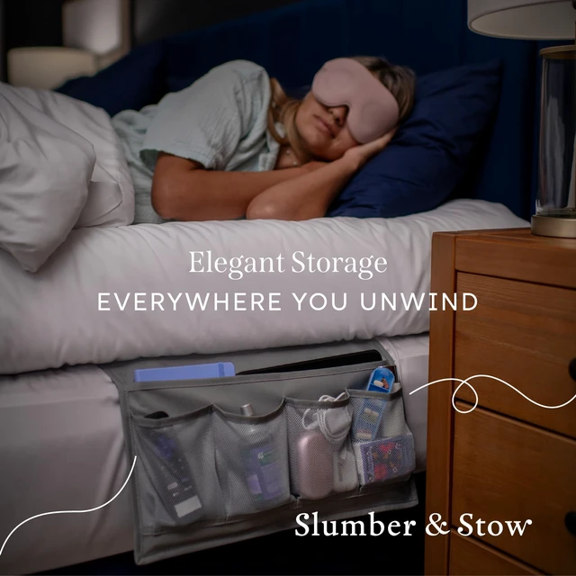 Alt view image 2 of 7 - Slumber & Stow Hanging Bedside Caddy Organizer, 5 Pockets | Bed caddy, couch caddy, mesh storage for phones, tablets, remotes, books, glasses, bunk beds, RVs, dorm rooms, 10"x17.3"