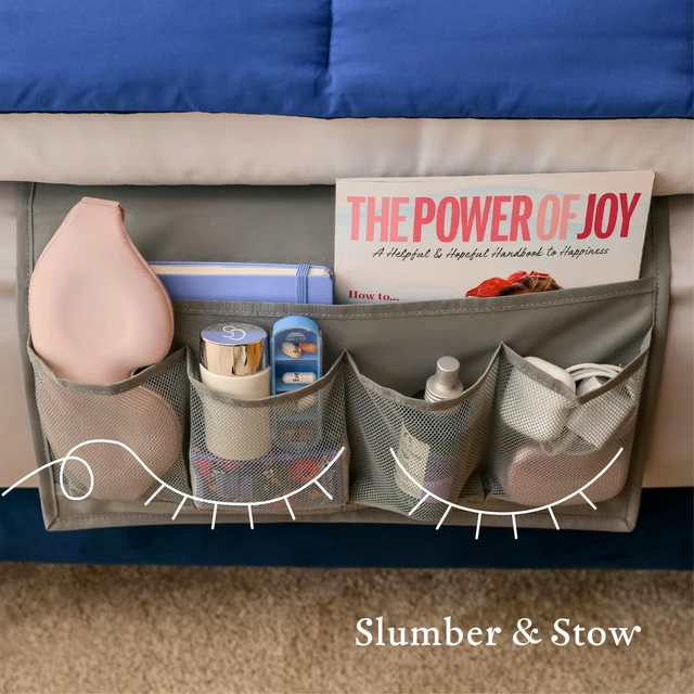 Alt view image 5 of 7 - Slumber & Stow Hanging Bedside Caddy Organizer, 5 Pockets | Bed caddy, couch caddy, mesh storage for phones, tablets, remotes, books, glasses, bunk beds, RVs, dorm rooms, 10"x17.3"
