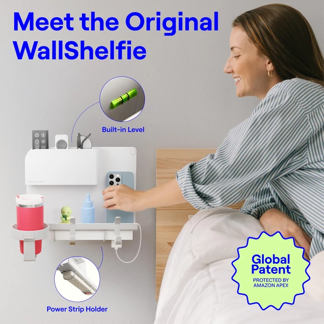 Alt view image 2 of 6 - WallShelfie Bedside Wall Organizer & Dorm Decor for Dorm Room - White | Dorm Room Essential, Floating Bedside Shelf Wall Mount Organizer, Remote Control Holder, Cool Teen Girls Trendy Stuff,