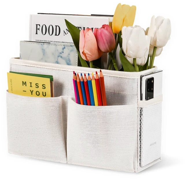 Main image of Bedside Caddy Organizer, Hanging Storage Bag with Hooks, White | Bed Caddy, Books, Remotes, Magazines Holder for Home/College/Bunk/Bed Dorm/Hospital Crib Bed Rails