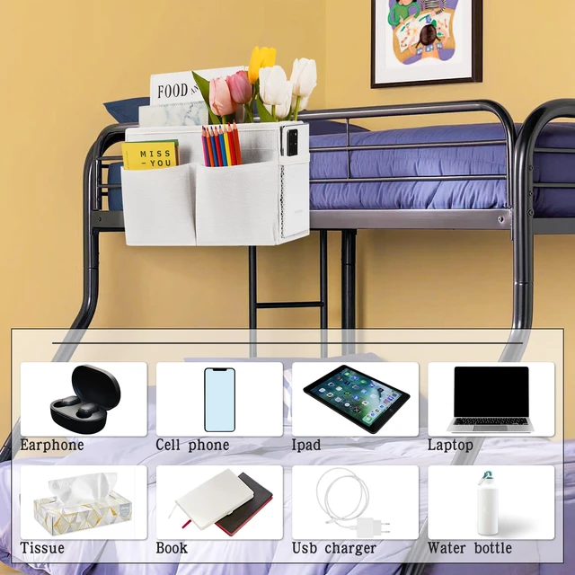 Alt view image 3 of 6 - Bedside Caddy Organizer, Hanging Storage Bag with Hooks, White | Bed Caddy, Books, Remotes, Magazines Holder for Home/College/Bunk/Bed Dorm/Hospital Crib Bed Rails