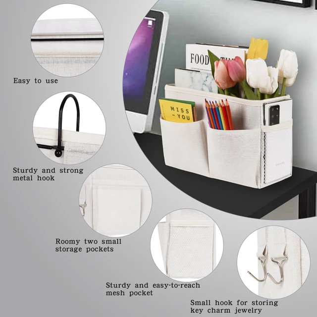 Alt view image 6 of 6 - Bedside Caddy Organizer, Hanging Storage Bag with Hooks, White | Bed Caddy, Books, Remotes, Magazines Holder for Home/College/Bunk/Bed Dorm/Hospital Crib Bed Rails