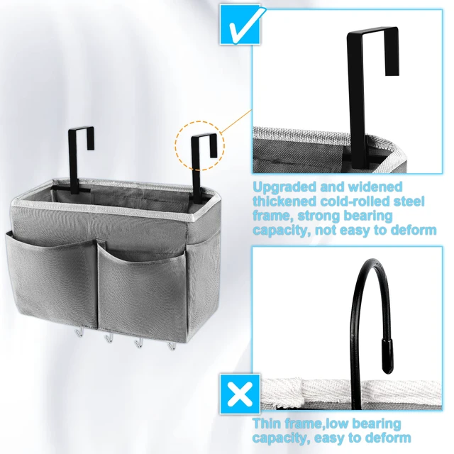 Alt view image 4 of 6 - Bedside Caddy Organizer 5 Pockets and 4 Hooks for Bunk Bed Grey | Hanging Storage Bag for Headboards
