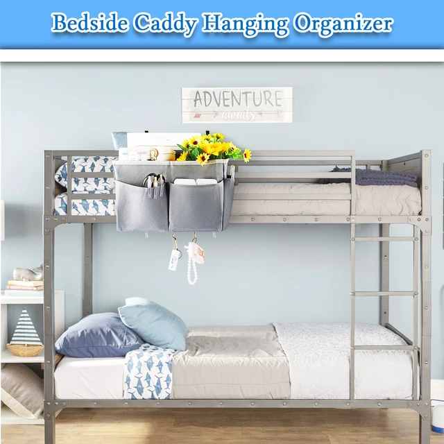 Alt view image 3 of 6 - Bedside Caddy Organizer 5 Pockets and 4 Hooks for Bunk Bed Grey | Hanging Storage Bag for Headboards