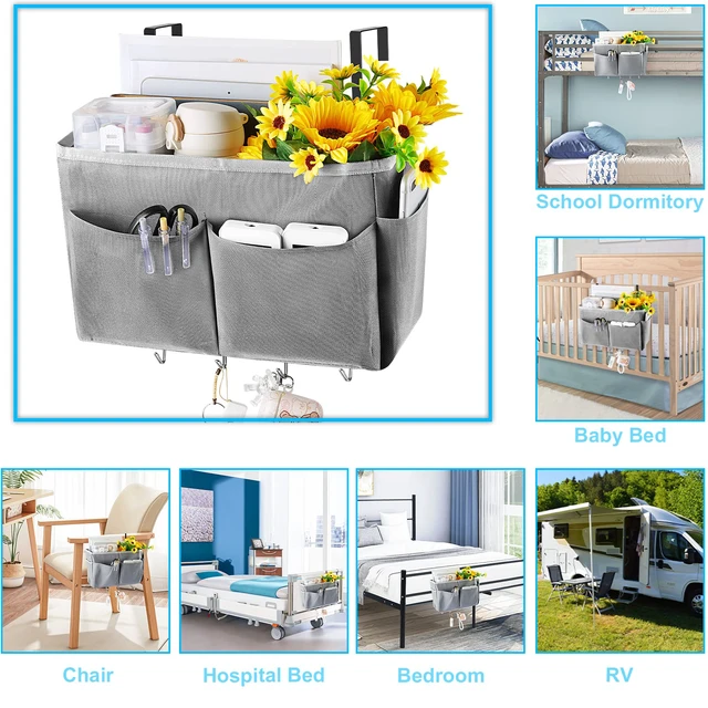 Alt view image 6 of 6 - Bedside Caddy Organizer 5 Pockets and 4 Hooks for Bunk Bed Grey | Hanging Storage Bag for Headboards