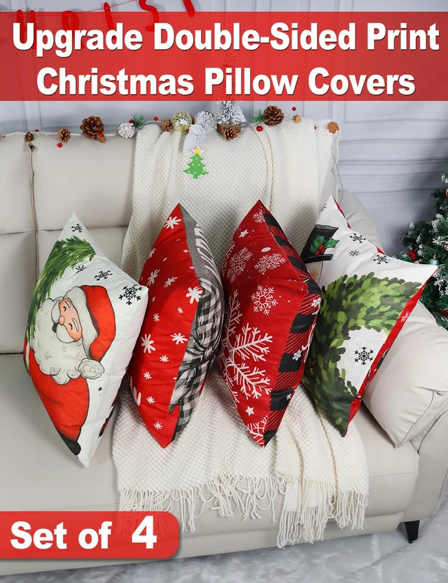 Alt view image 2 of 7 - Christmas Pillow Covers 18x18 4Pcs Double-Sided Print Home Decor | 8 Chritmas Patterns, Soft Cozy Fabric with Santa Claus,Christmas Tree, Snowflake, Winter Decor, For Porch Sofa Bed Livingroom