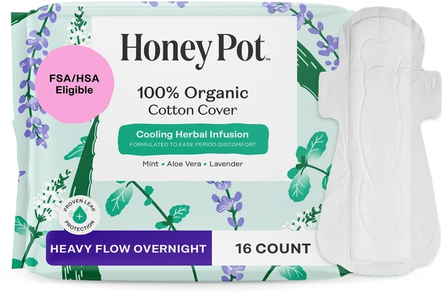 Main image of Cooling Herbal - Heavy Flow Overnight Pads w/Wings | Cooling Effect - Infused w/Mint, Aloe, Lavender - Organic Cotton Cover - Menstrual Pads for Women - Feminine Care - 16ct