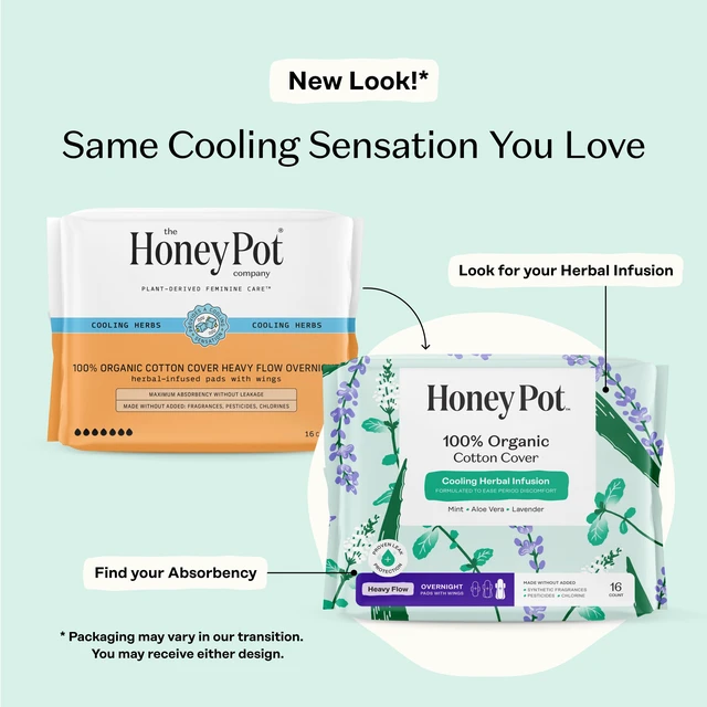 Alt view image 2 of 7 - Cooling Herbal - Heavy Flow Overnight Pads w/Wings | Cooling Effect - Infused w/Mint, Aloe, Lavender - Organic Cotton Cover - Menstrual Pads for Women - Feminine Care - 16ct
