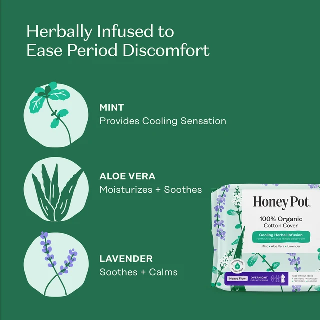 Alt view image 3 of 7 - Cooling Herbal - Heavy Flow Overnight Pads w/Wings | Cooling Effect - Infused w/Mint, Aloe, Lavender - Organic Cotton Cover - Menstrual Pads for Women - Feminine Care - 16ct