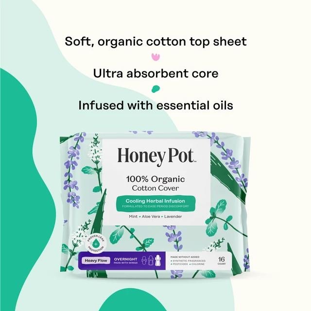Alt view image 4 of 7 - Cooling Herbal - Heavy Flow Overnight Pads w/Wings | Cooling Effect - Infused w/Mint, Aloe, Lavender - Organic Cotton Cover - Menstrual Pads for Women - Feminine Care - 16ct