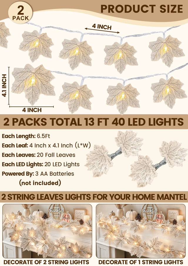 Alt view image 3 of 7 - Fall Decor 2 Pack Lighted Fall Garland with Lights Battery Operated (White) | Fall Decorations for Home