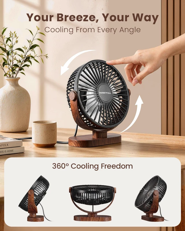 Alt view image 5 of 6 - Small USB Desk Fan, Desktop Table Fan, Quiet Office Mini - Black | 5.8" Personal Fan; 3 Speeds; 360° Adjustable; 25dB; 10oz; USB Powered; Stable Base; Easy Cleaning-Home & Cooling; Retro Decor