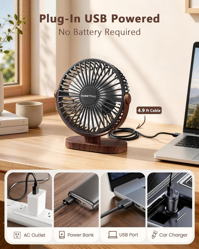 Alt view image 6 of 6 - Small USB Desk Fan, Desktop Table Fan, Quiet Office Mini - Black | 5.8" Personal Fan; 3 Speeds; 360° Adjustable; 25dB; 10oz; USB Powered; Stable Base; Easy Cleaning-Home & Cooling; Retro Decor
