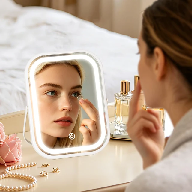 Alt view image 4 of 6 - Travel Makeup Mirror with Lights, Portable Small Beauty LED Vanity Mirror with Lights, 1200mAh Battery, Dimmable Touch Screen, Tabletop Folding Compact Mirror,Women Gift