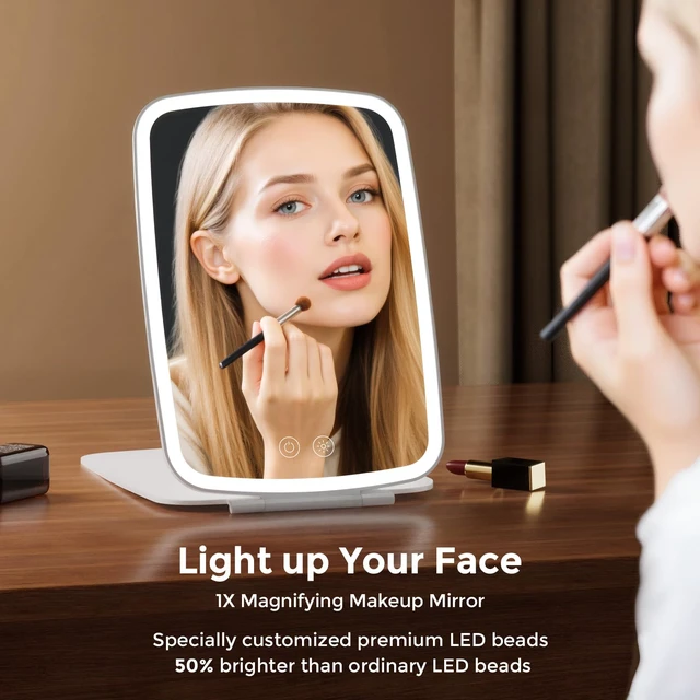 Alt view image 2 of 6 - Portable Makeup Mirror, Large Travel Mirror with Light, 10x7 White | Foldable Makeup Mirror, 2000mAh Rechargeable Battery, 3 LED Lighting Modes, Magnetic Closure