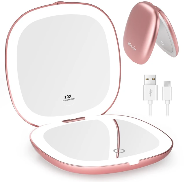 Main image of 1x/10x Rechargeable Lighted Travel Makeup Mirror | Compact Magnifying Mirror with Lights, Portable for Bag, 4inch, Gift, Rose Gold